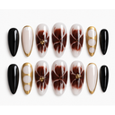 Black brown gold floral almond press-on nails