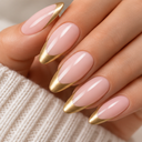 Pink gold French almond press-on nails worn on hand