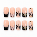 Ten nude square nails with black French tips leopard floral prints and crystal cross accents on white