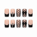 Black French lacing bow silver cross square press-on nails — hero