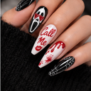 Black white red horror stiletto press-on nails worn on hand
