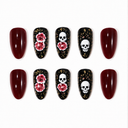 Ten burgundy and black oval nails with roses skulls and botanical details on white