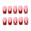 Crimson French and pink heart square press-on nails – ten nails on white