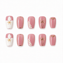 Ten dusty pink square nails with gold bows white flowers and gold borders