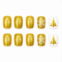 Ten gold glitter short square nails with white snowflakes and gold Christmas tree accents