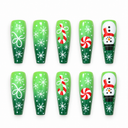 Ten green ombre Christmas coffin nails with snowflakes candy canes peppermint and snowmen on white