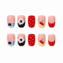 Ten short nails with ladybirds cherries white flowers blue checks and red polka dots on white