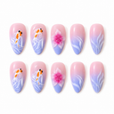 Ten pink lilac almond nails with orange white koi pink flowers and flowing white details on white