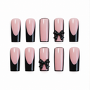 Pink black French and bow long square press-on nails — ten-nail set