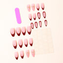 Burgundy French gold frame and bow almond press-on nails — supplier design reference