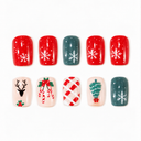 Red teal snowflake and reindeer Christmas short square press-on nails — ten-nail set