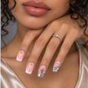 Pink silver French cross star and pearl square press-on nails — worn on hand