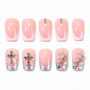 Pink silver French cross star and pearl square press-on nails — ten-nail set