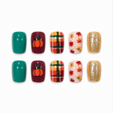 Teal pumpkin tartan and maple short square press-on nails — ten-nail set
