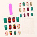 Teal pumpkin tartan and maple short square press-on nails — supplier design reference