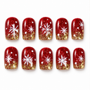 Ruby red gold glitter snowflake square press-on nails — ten-nail set
