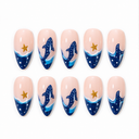 Navy ocean whale shark and gold star almond press-on nails — ten-nail set