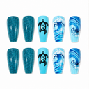 Teal glitter sea turtle and wave coffin press-on nails — ten-nail set