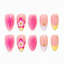 Pink aura tropical flower and shell almond press-on nails — ten-nail set