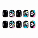 Colourful sugar skull and floral black short square press-on nails — ten-nail set