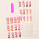 Pink orange tiger French floral long square press-on nails — supplier design reference