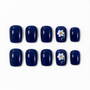 Navy blue and white flower short square press-on nails — ten-nail set