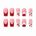 Strawberry red glitter French and white bow square press-on nails — ten-nail set