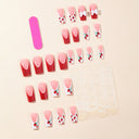Strawberry red glitter French and white bow square press-on nails — supplier design reference