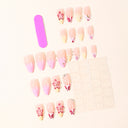 Pink yellow floral shell and red spotted French almond press-on nails — supplier design reference