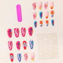 Bright pink blue and orange tropical petal almond press-on nails — supplier design reference