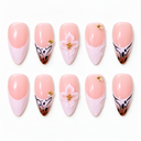 Blush French almond nails with black linework, flowers and gold accents – hero