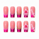 Fuchsia zebra French square nails with pink flowers and gold beads – hero
