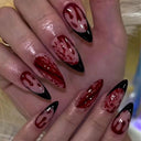 Burgundy drip and splatter black French pointed nails – supplier