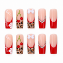 Red floral French cherry leopard and white bow long square nails — hero