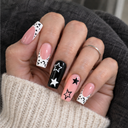 Pink leopard French black star and silver cross long square nails — hand