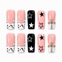 Pink leopard French black star and silver cross long square nails — hero