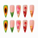 Tropical papaya kiwi palm and floral stiletto press-on nails — ten nail set
