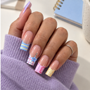 Pastel plaid stripe polka dot star French square press-on nails — worn on hand