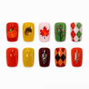 Autumn pumpkin acorn argyle square press-on nails — ten nail set