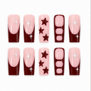Burgundy French long square nails with silver starbursts and pink framed accents