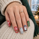 Red snowflake Santa and Christmas tree square press-on nails hand