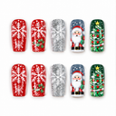Red snowflake Santa and Christmas tree square press-on nails hero