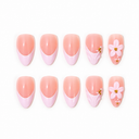 Pink French shell and floral almond press-on nails – ten-nail design overview
