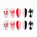 Red clown bow and harlequin almond press-on nails – ten-nail design overview
