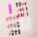 Red clown bow and harlequin almond press-on nails – supplier design reference