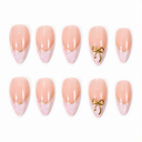 Pink marble French gold bow almond press-on nails – ten-nail design overview