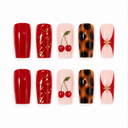 Cherry red tortoiseshell and gold square press-on nails – ten-nail design overview