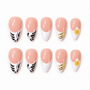 White French zebra gold and floral almond press-on nails – ten-nail design overview