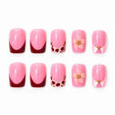 Pink burgundy French cow print and floral short square nails – hero