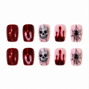 Red glitter, burgundy, skull and spiderweb short square Halloween nails
